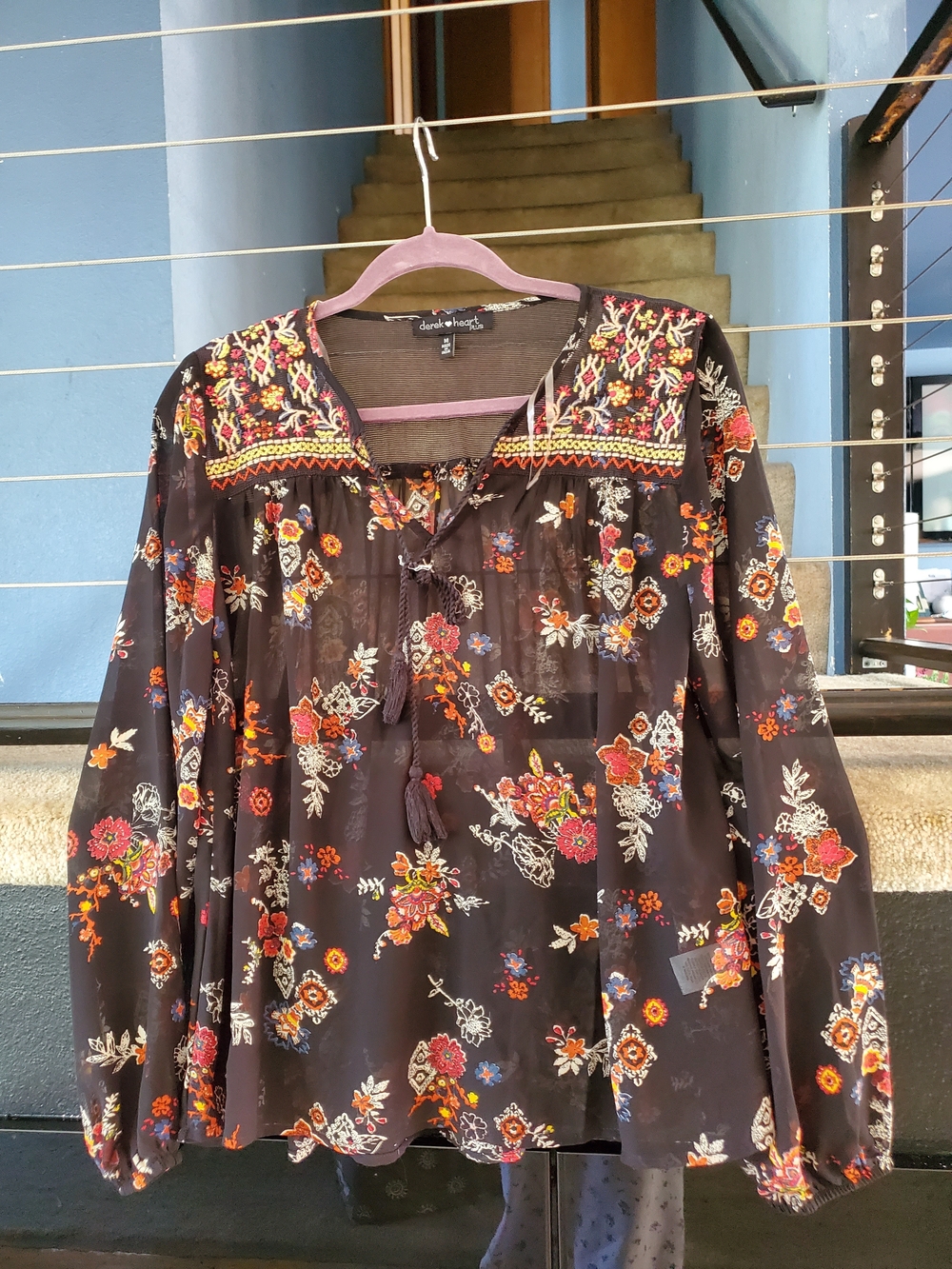 Derek Heart Black Floral Boho Peasant Blouse with Multicolor Embroidery